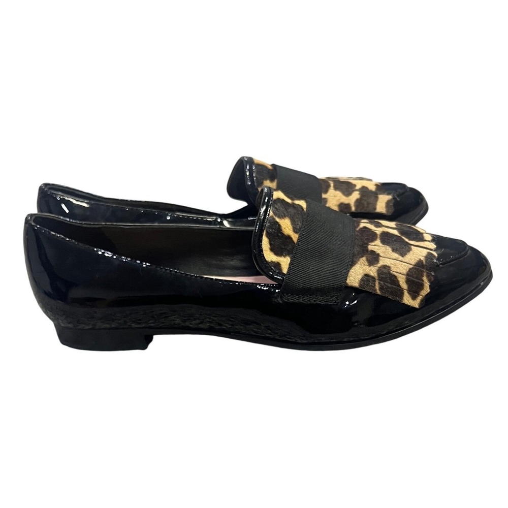 Kate Spade New York Black Patent‎ Leather Leopard Fringe Loafers Womens Size 7M